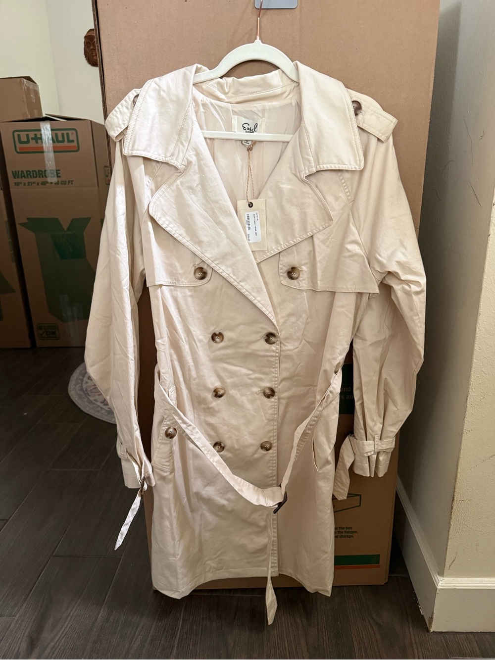 Cream Double-Breasted Trench Coat with Waist Tie